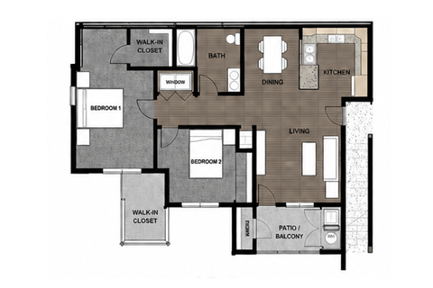 Floor plan for 2 beds, 1 bath, 869 sqft